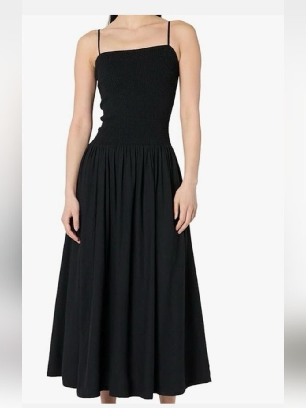 The droop Black Smocked Bodice Midi Dress with Spaghetti Straps